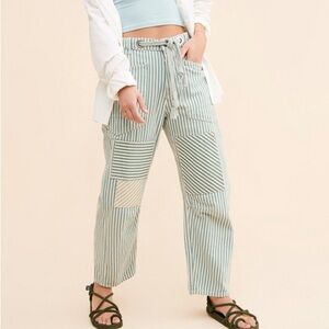 🌿 Free People Moxie Railroad Low-Slung Jeans Green Striped Patchwork Pants
